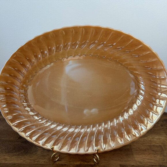 Vintage‎ Anchor Hocking Fire-King Peach Luster Oval Serving Platter Ribbed Edge - Picture 1 of 7